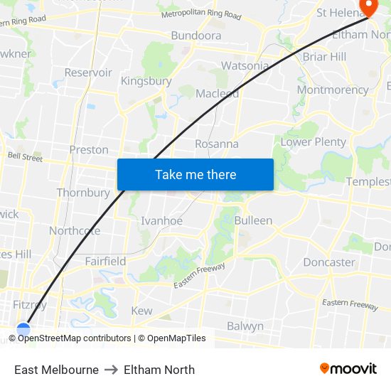East Melbourne to Eltham North map
