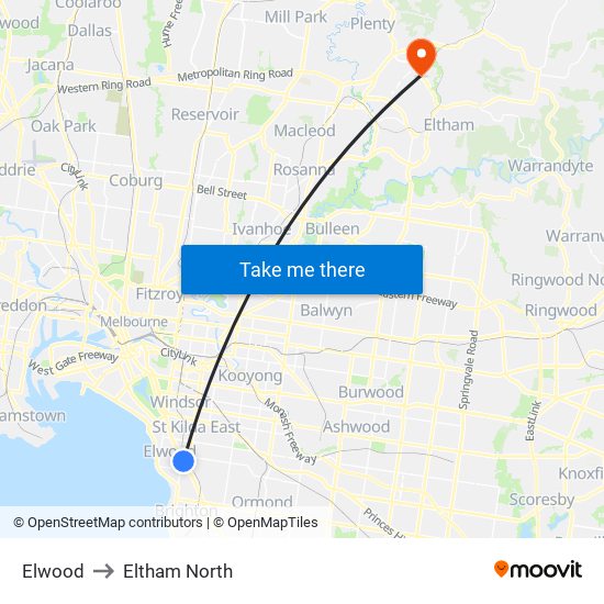 Elwood to Eltham North map