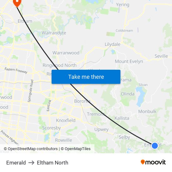 Emerald to Eltham North map