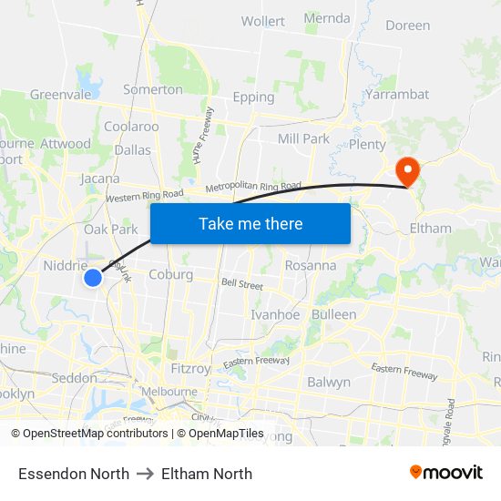 Essendon North to Eltham North map