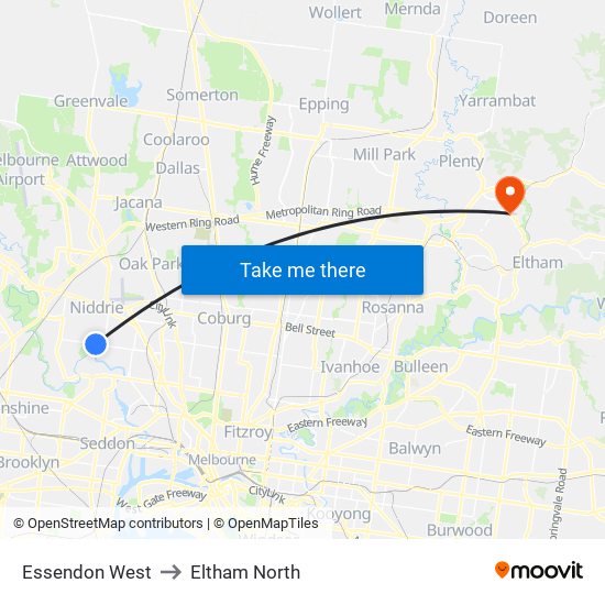 Essendon West to Eltham North map