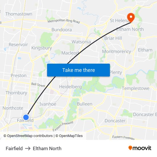 Fairfield to Eltham North map