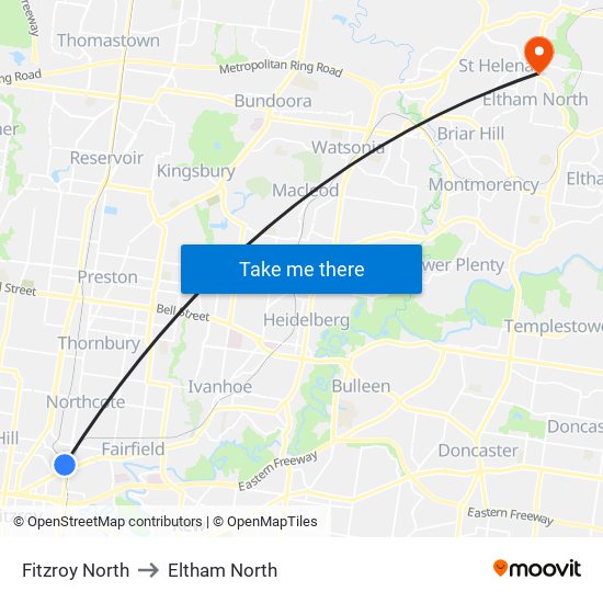 Fitzroy North to Eltham North map