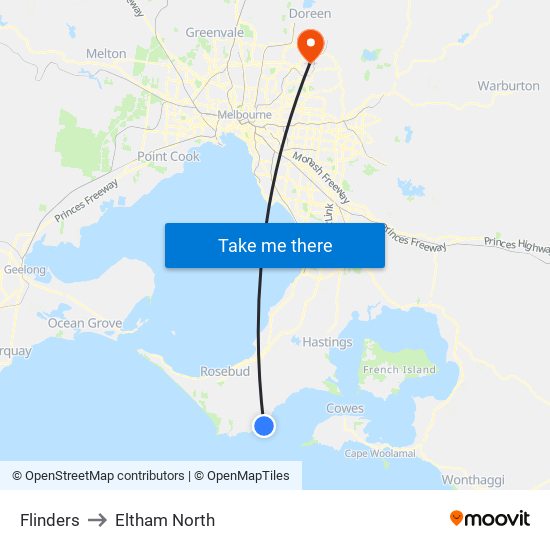 Flinders to Eltham North map