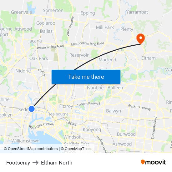 Footscray to Eltham North map