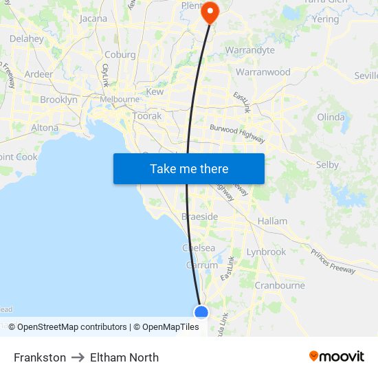 Frankston to Eltham North map