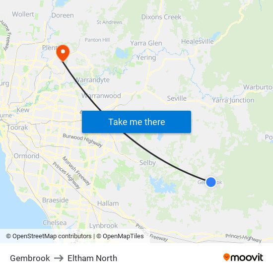 Gembrook to Eltham North map