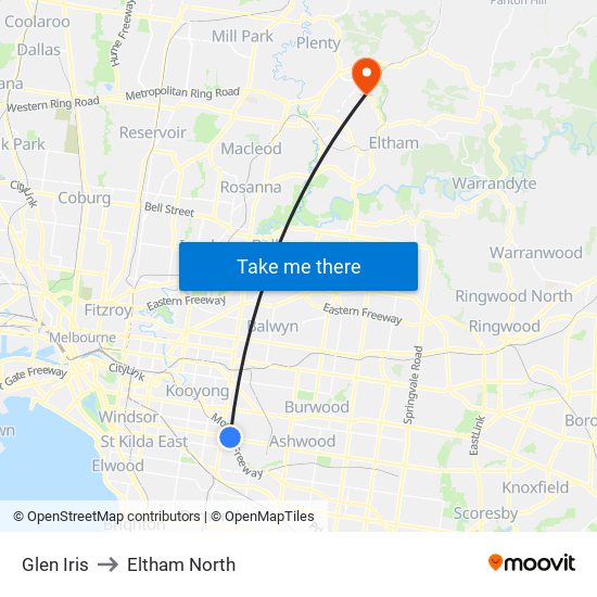 Glen Iris to Eltham North map