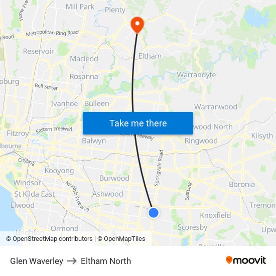 Glen Waverley to Eltham North map