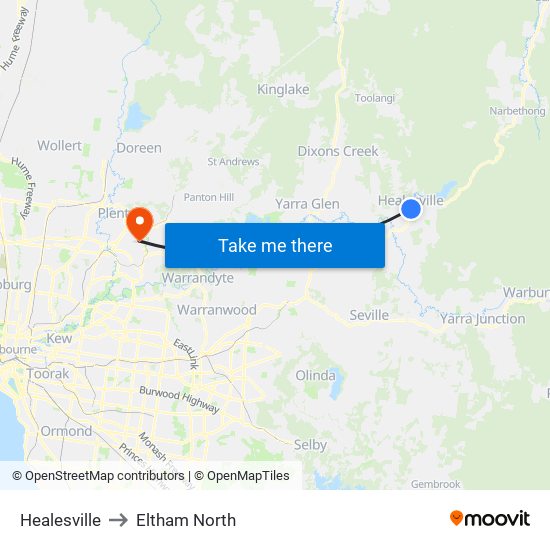 Healesville to Eltham North map