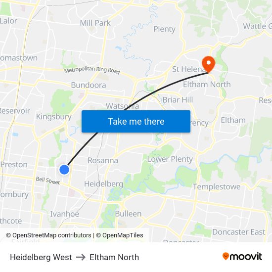 Heidelberg West to Eltham North map