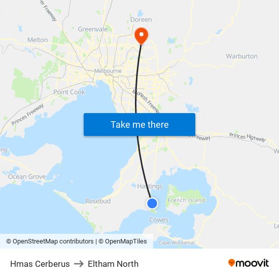 Hmas Cerberus to Eltham North map