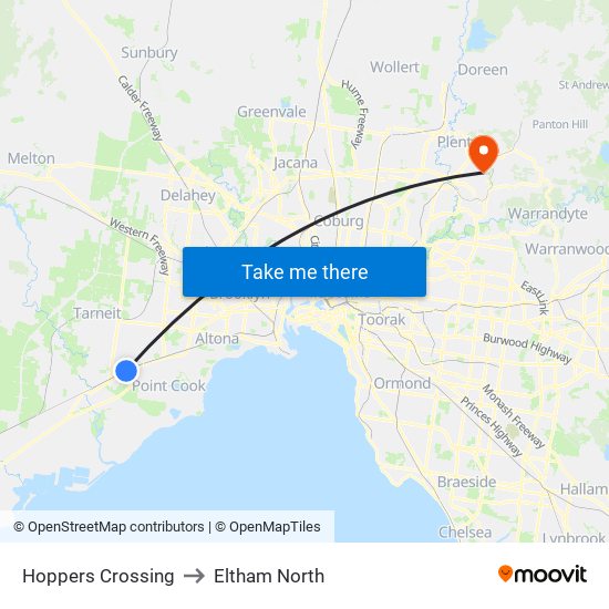 Hoppers Crossing to Eltham North map