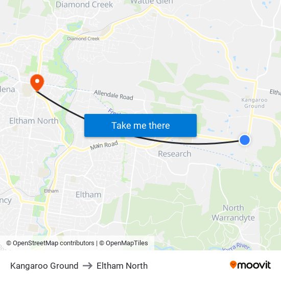 Kangaroo Ground to Eltham North map