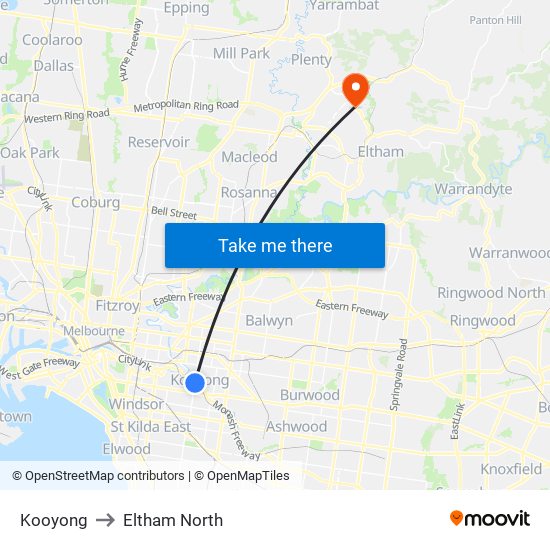 Kooyong to Eltham North map