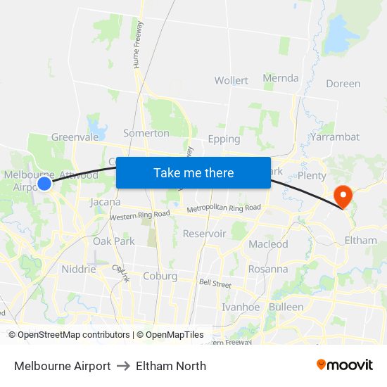 Melbourne Airport to Eltham North map