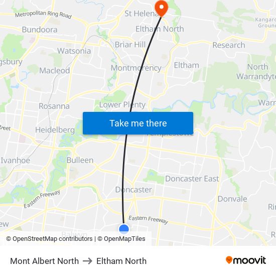 Mont Albert North to Eltham North map