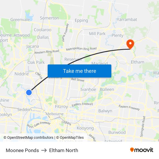 Moonee Ponds to Eltham North map