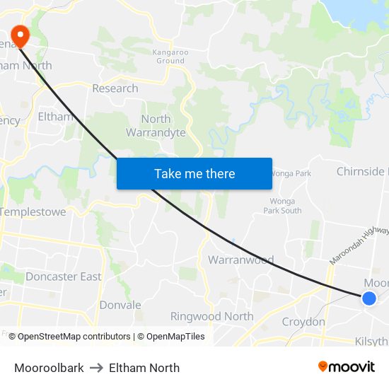 Mooroolbark to Eltham North map