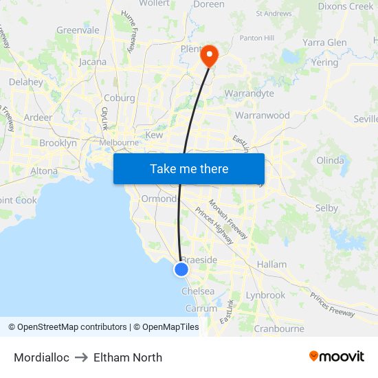 Mordialloc to Eltham North map