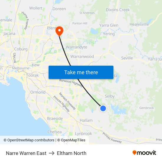 Narre Warren East to Eltham North map