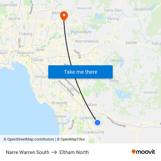 Narre Warren South to Eltham North map