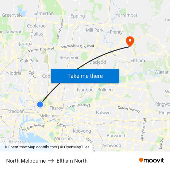 North Melbourne to Eltham North map