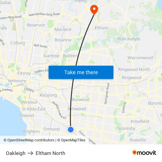 Oakleigh to Eltham North map