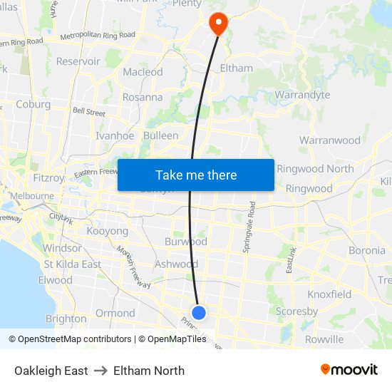 Oakleigh East to Eltham North map