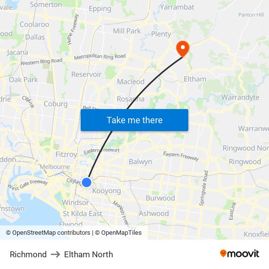 Richmond to Eltham North map