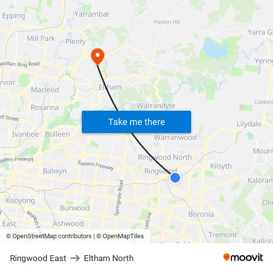 Ringwood East to Eltham North map