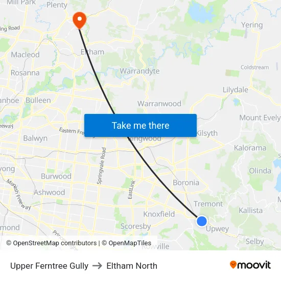 Upper Ferntree Gully to Eltham North map