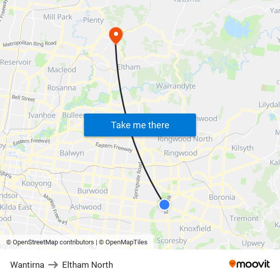 Wantirna to Eltham North map