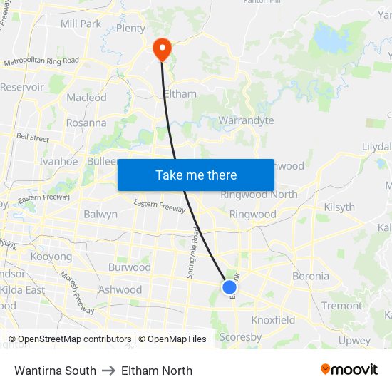 Wantirna South to Eltham North map