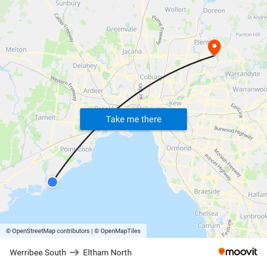 Werribee South to Eltham North map