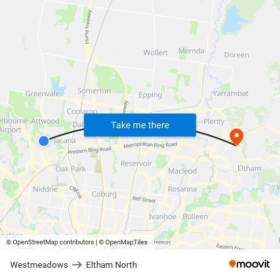 Westmeadows to Eltham North map