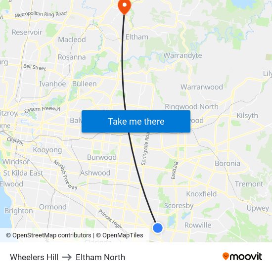 Wheelers Hill to Eltham North map