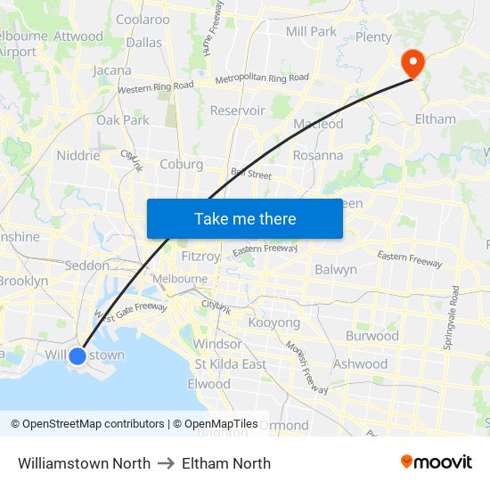Williamstown North to Eltham North map
