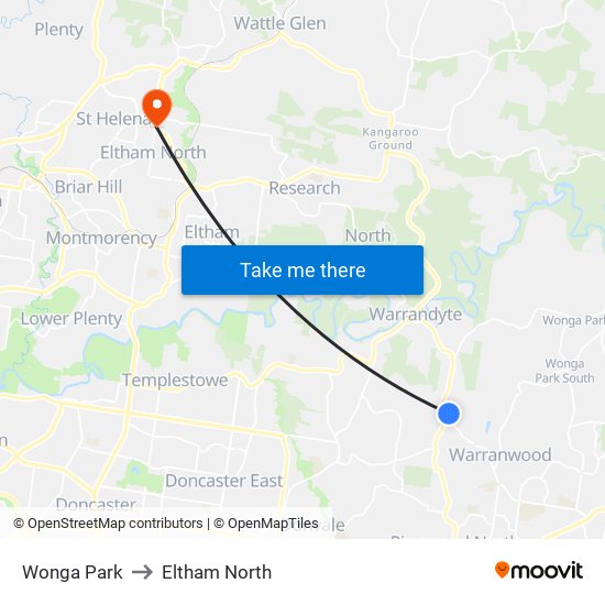 Wonga Park to Eltham North map