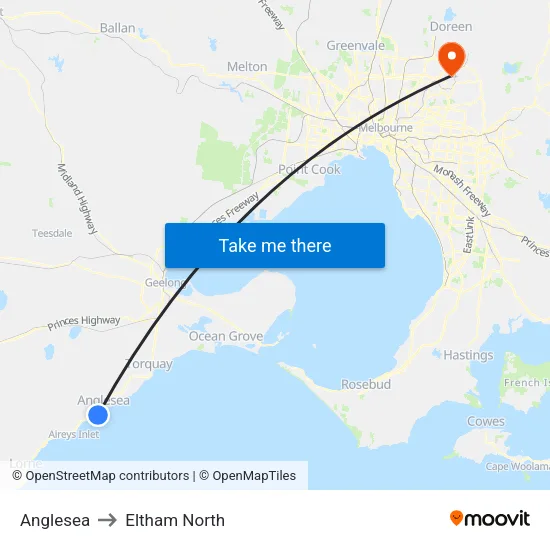 Anglesea to Eltham North map