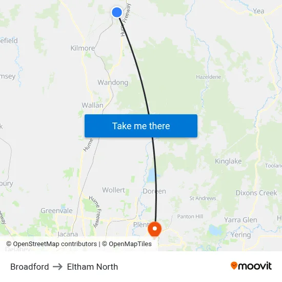Broadford to Eltham North map