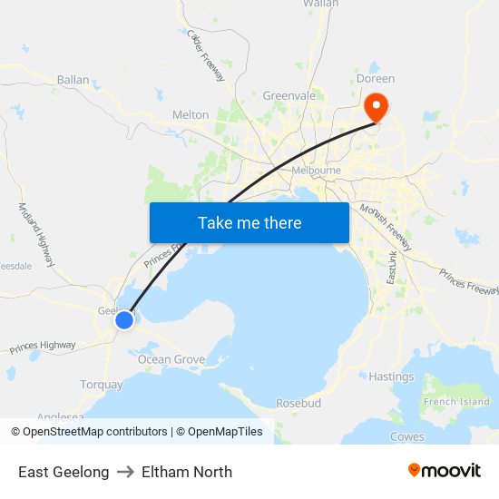 East Geelong to Eltham North map