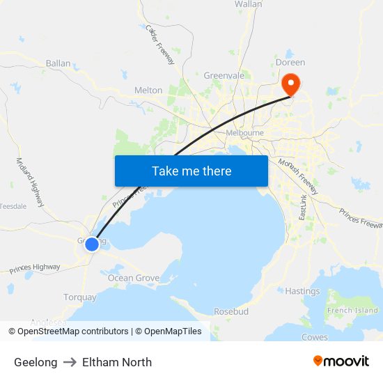 Geelong to Eltham North map