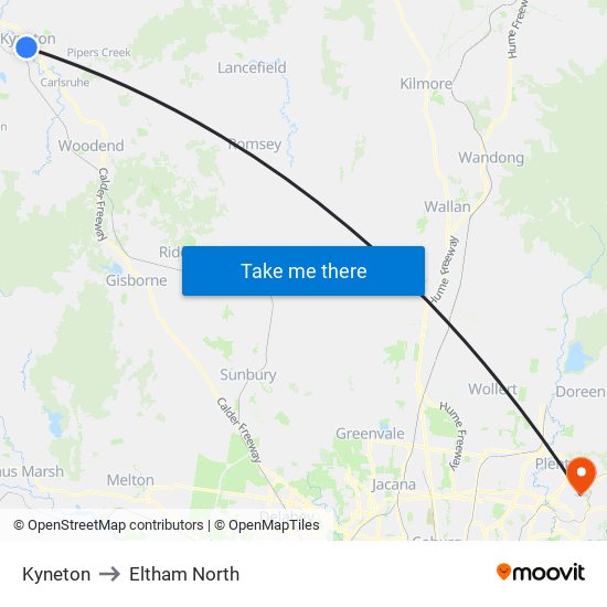 Kyneton to Eltham North map