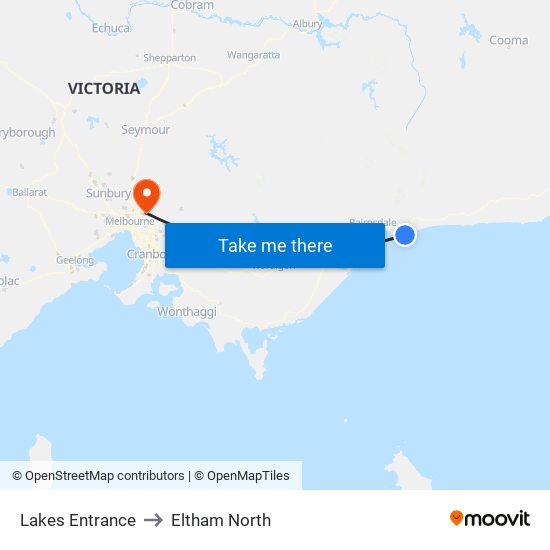 Lakes Entrance to Eltham North map