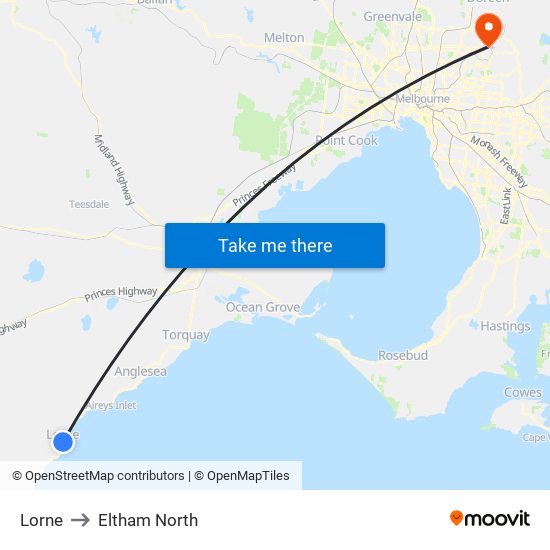 Lorne to Eltham North map