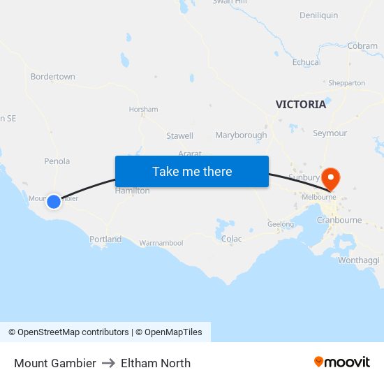 Mount Gambier to Eltham North map