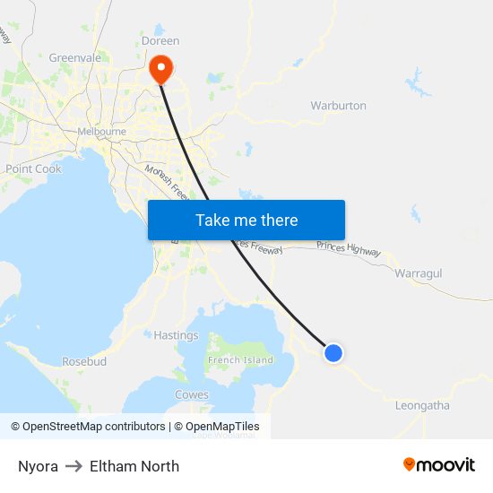 Nyora to Eltham North map