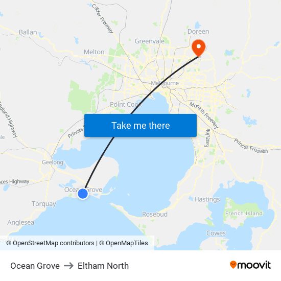 Ocean Grove to Eltham North map