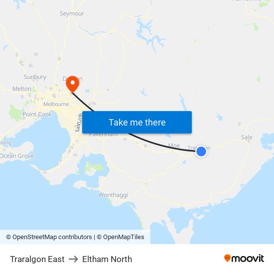 Traralgon East to Eltham North map